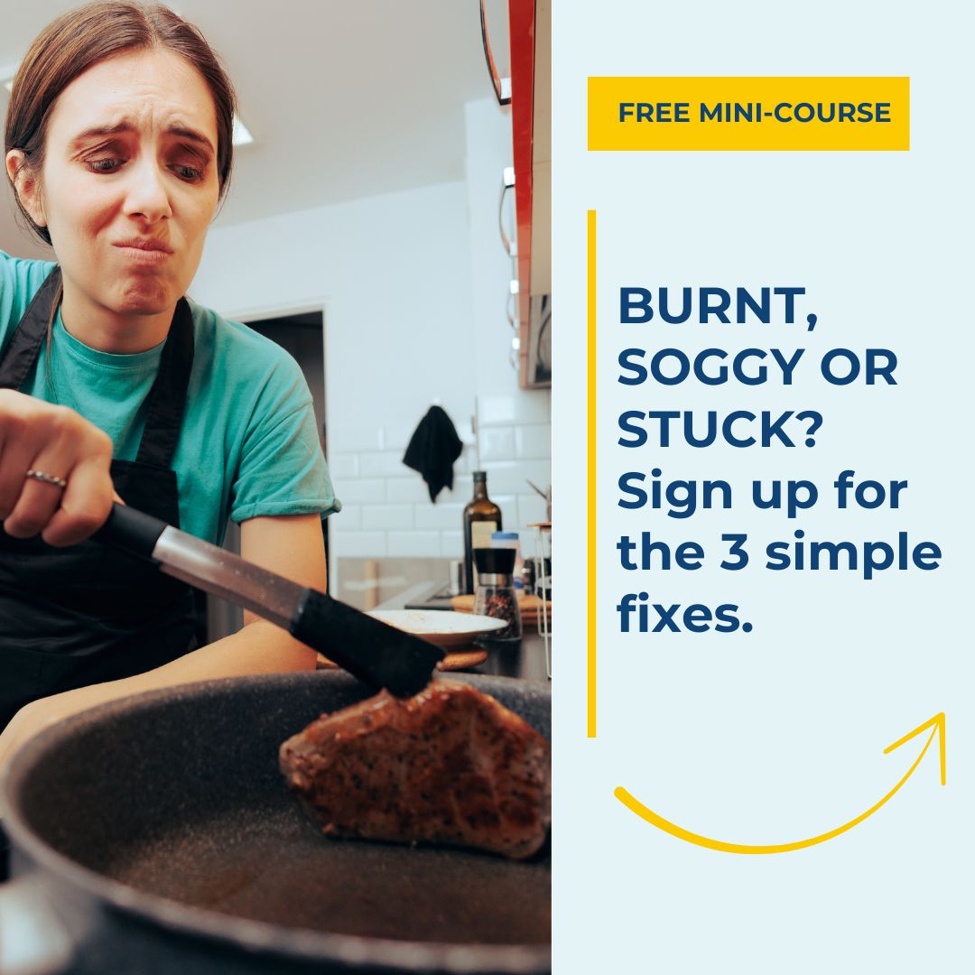 Young woman looking frustrated flipping overcooked steak on a frying pan
