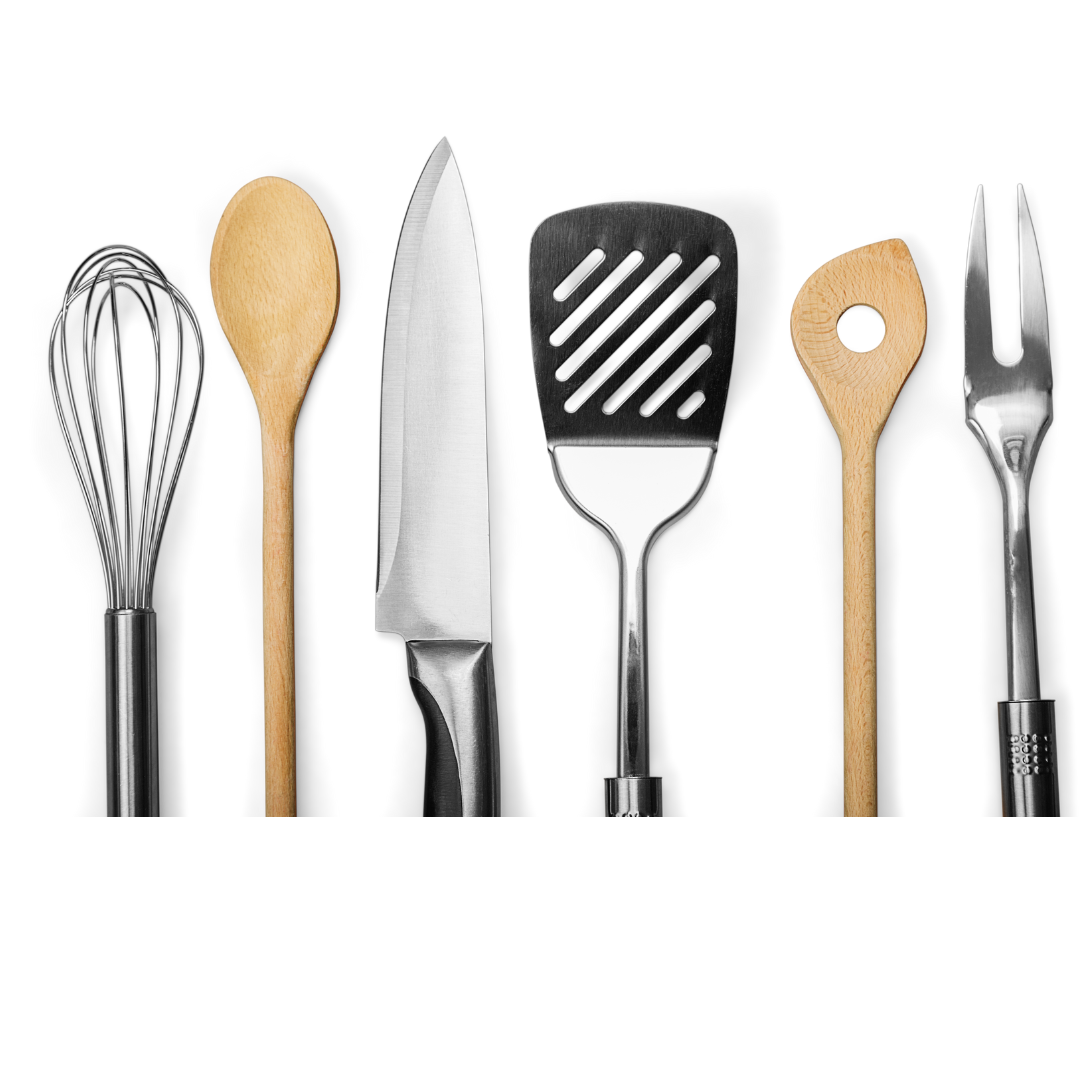 Essential kitchen utensils beautifully organized next to one another A set of kitchen utensils such as wooden spoon, chef knife, spatula on a yellow pale background