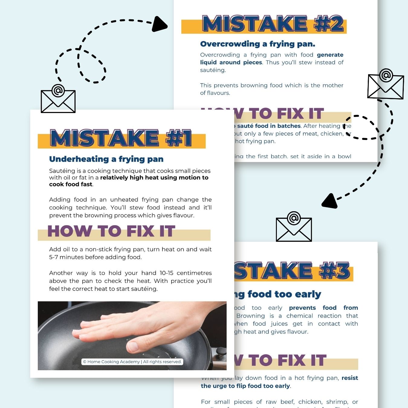 Image showing the content of 3 emails challenge - how to sauté like a pro in 3 days Mock up of three pages on light blue background of 3 Days challenge-Sauté like a Pro