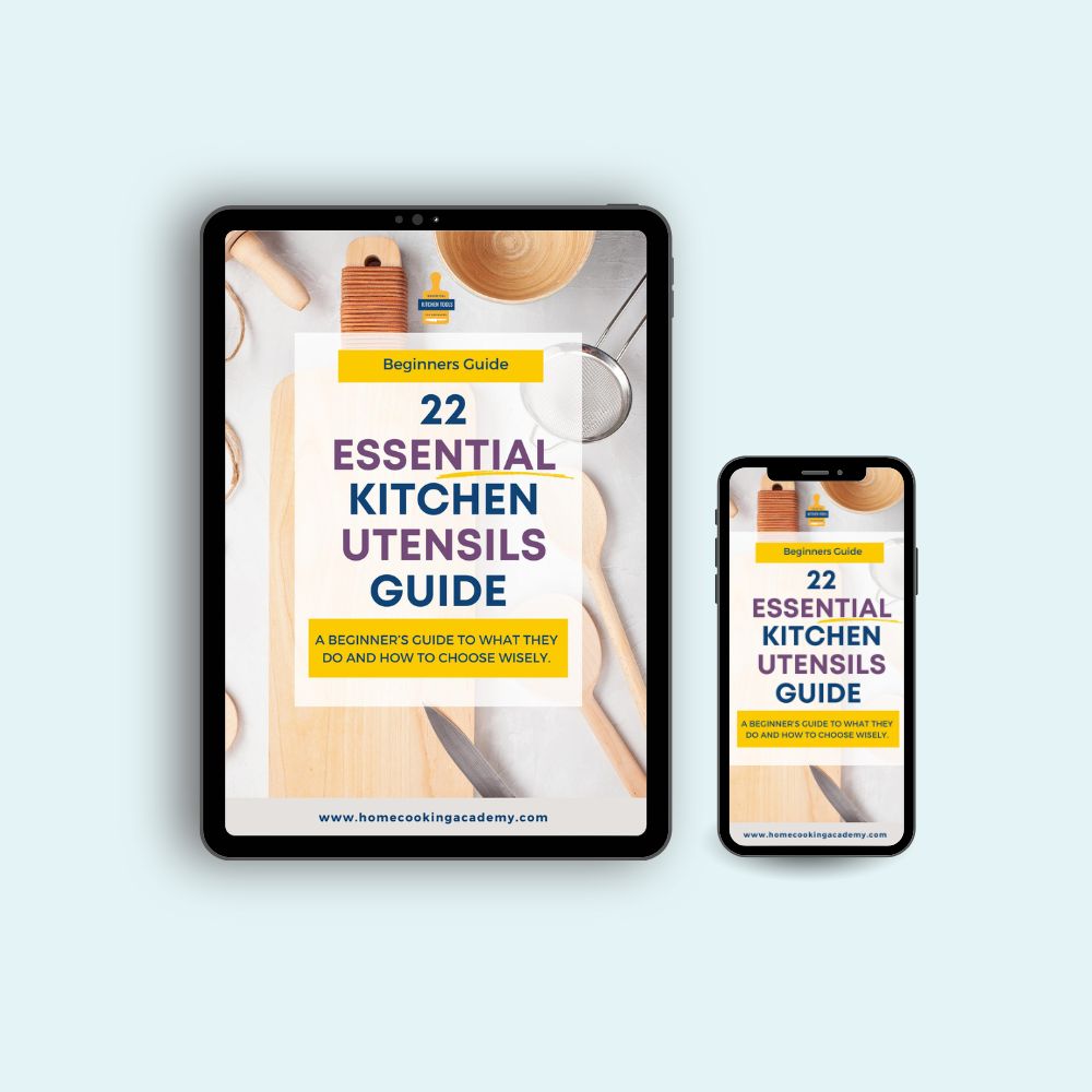 Mock up of Tablet and Mobile on blue background featuring cover of 22 Essential Kitchen Utensils Guide for Beginner cooks