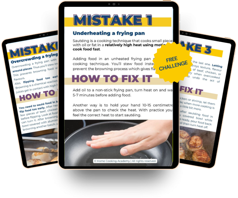 Mock up of 3 tablets featuring 3 mistakes beginners make while sautéing their food and how to fix them on light blue background