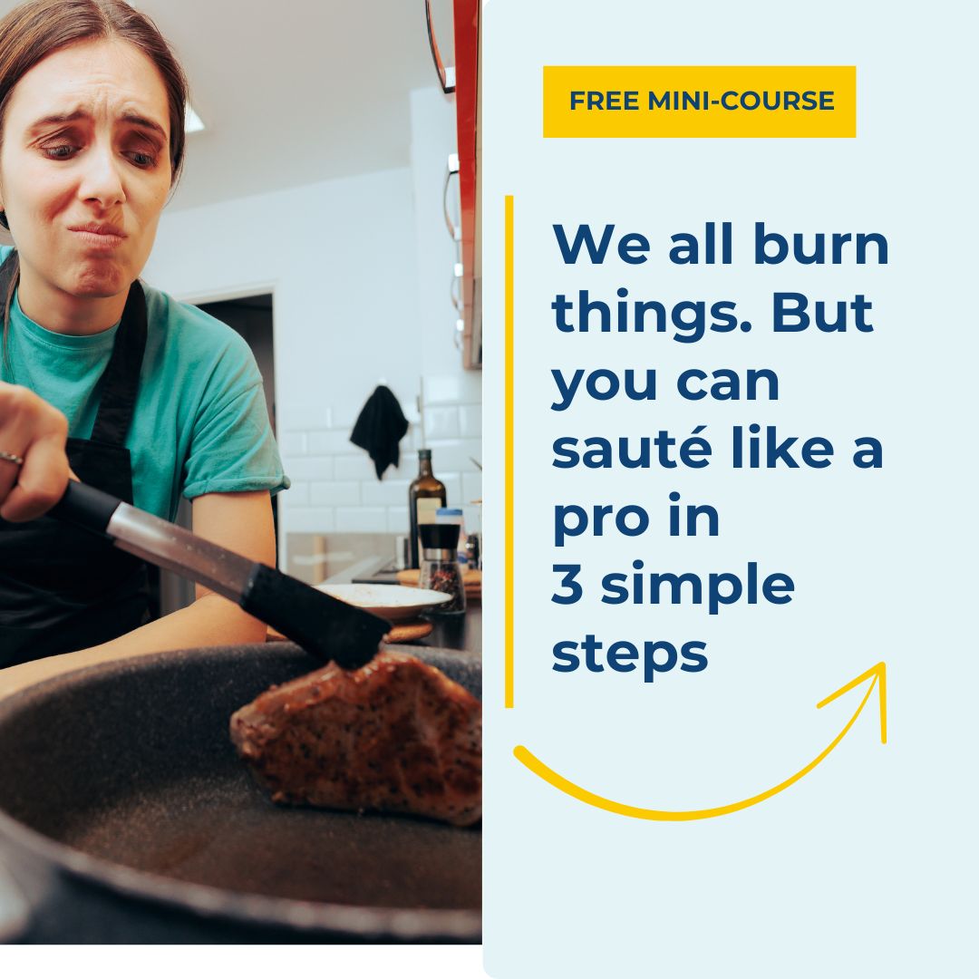 Mock up of tablet and mobile of ebook - Most common sautéing mistakes and how to fix them Photo of woman turning a piece of overcooked beef on a frying